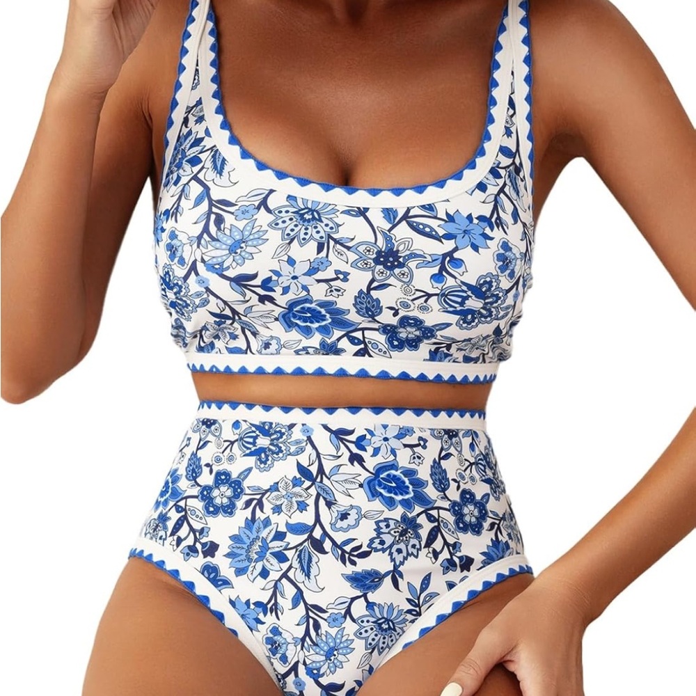 Herseas gorgeous Blue & White Floral Bikini Set. Border stitching!  High waisted